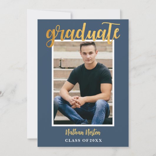 Navy Blue Gold Script Photo Graduparty Kaart (Voorkant)