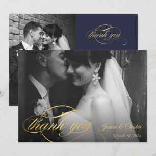 Navy Blue & Gold Script Weduwfoto Hartelijk dank Bedankkaart
