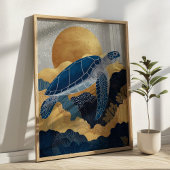 Navy Blue& Gold Sea Turtle Kintsugi Underwater Poster