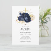 Navy Blue & Gold Shabby Rozen Baptisme Kaart (Staand voorkant)