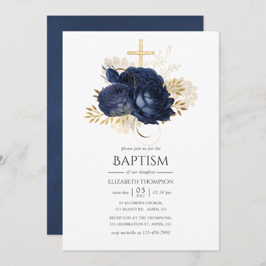 Navy Blue & Gold Shabby Rozen Baptisme Kaart (Voorkant / Achterkant)