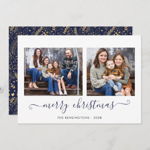 Navy Blue Gold Simple Script Merry-kerstfoto Feestdagenkaart