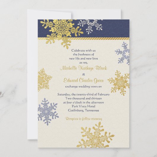 Navy Blue Gold Snowflake Winter Weddenschap Kaart (Voorkant)