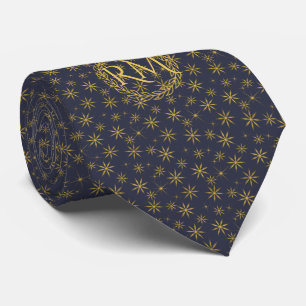 Navy Blue Gold Snowflakes Pattern Monogramed Stropdas