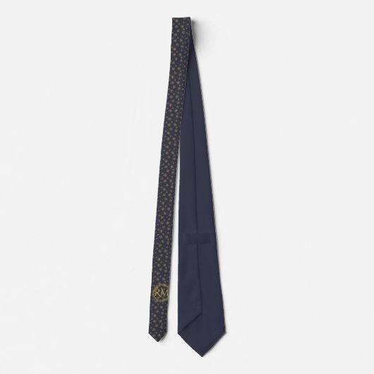 Navy Blue Gold Snowflakes Pattern Monogramed Stropdas (Achterkant)