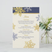 Navy Blue Gold Snowflakes Winter Wedding Menu Kaar (Staand voorkant)
