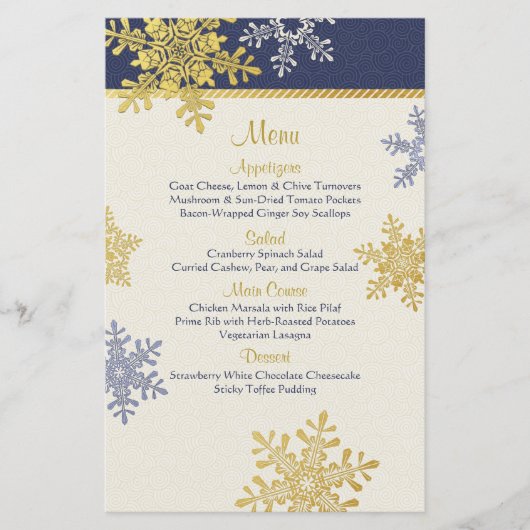 Navy Blue Gold Snowflakes Winter Wedding Menu Kaar (Voorkant)