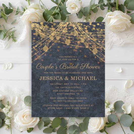 Navy Blue Gold String Light Couple's Vrijgezellenf Kaart