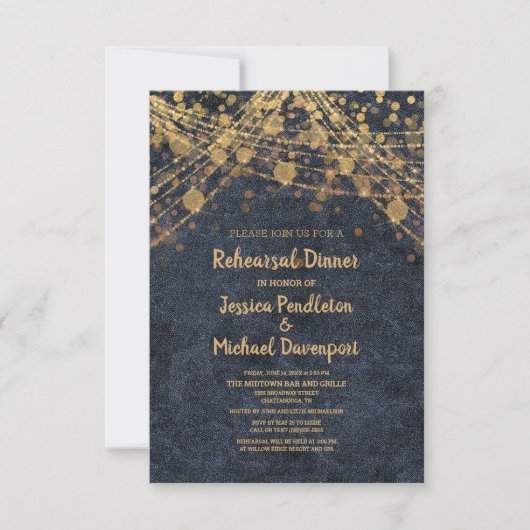 Navy Blue Gold String Lights Bokeh Rehearsal Kaart (Voorkant)