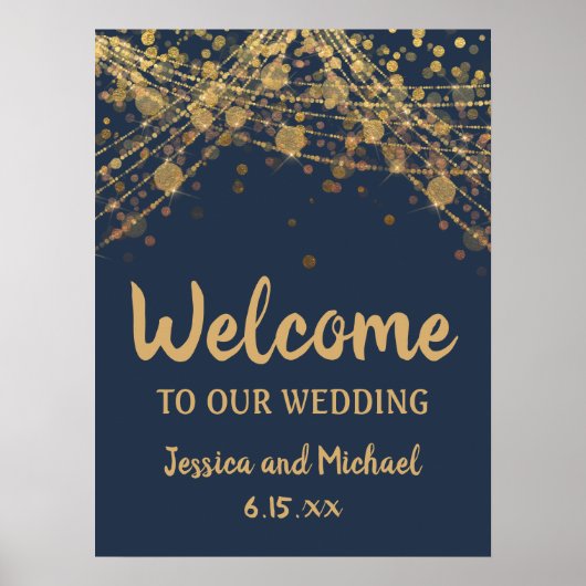 Navy Blue Gold String Lights Bokeh Weddenschap Wel Poster (Voorkant)
