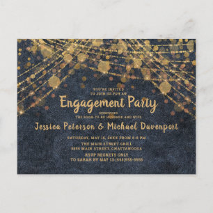 Navy Blue Gold String Lights Engagement Party Briefkaart