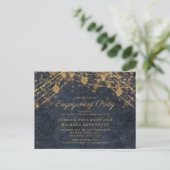 Navy Blue Gold String Lights Engagement Party Briefkaart (Staand voorkant)