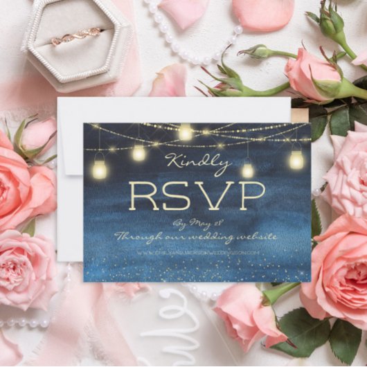 Navy Blue Gold String Lights Lantern Wedding RSVP Kaart