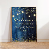 Navy Blue Gold String Lights Weddenschap Welkom Poster
