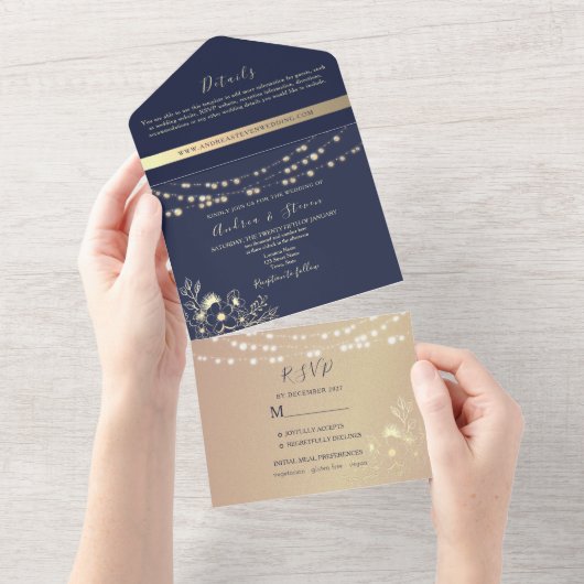 Navy Blue Gold String Lights Wedding All In One Uitnodiging (Afscheurbaar)