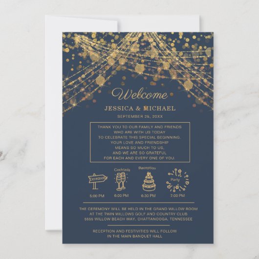 Navy Blue Gold String Lights Wedding Itinerary Kaart (Voorkant)