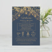 Navy Blue Gold String Lights Wedding Itinerary Kaart (Staand voorkant)