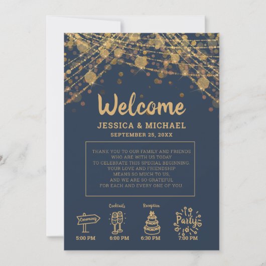 Navy Blue Gold String Lights Wedding Itinerary Kaart (Voorkant)