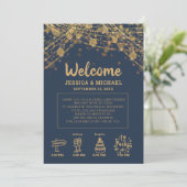 Navy Blue Gold String Lights Wedding Itinerary Kaart (Staand voorkant)