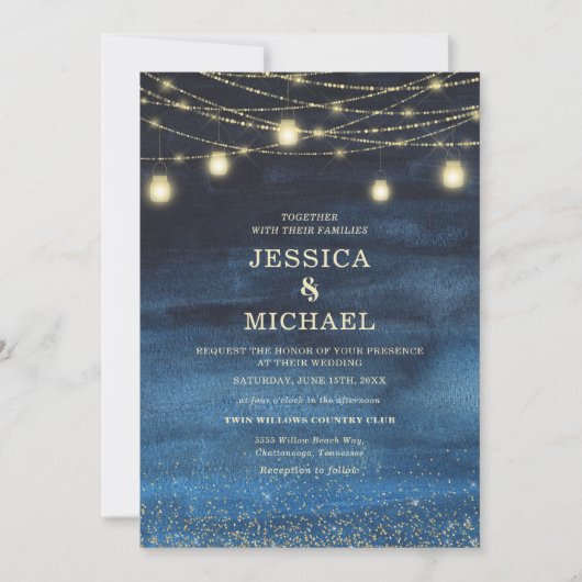 Navy Blue Gold String Lights Wedding Kaart (Voorkant)