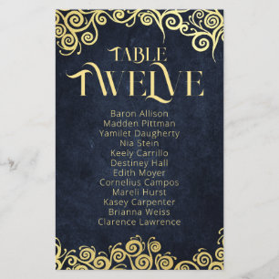 Navy Blue & Gold Swirls Zitkaart Tafelnummer