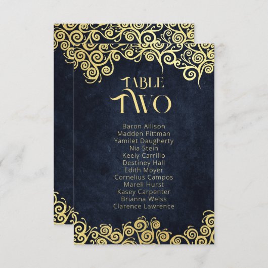 Navy Blue & Gold Swirls Zitkaart Tafelnummer (Voorkant / Achterkant)