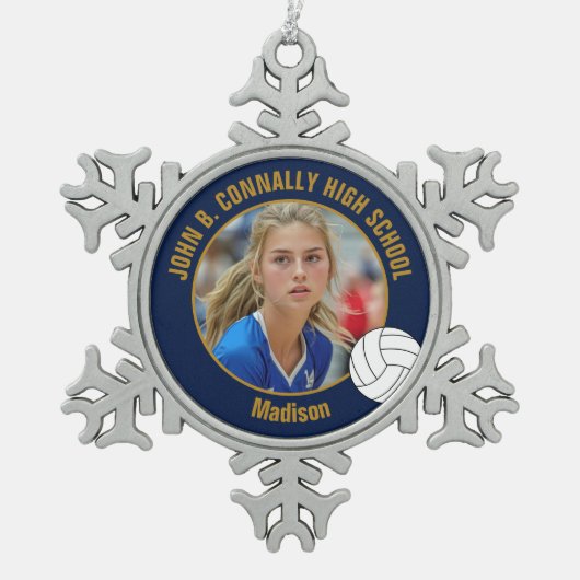 Navy Blue Gold Volleyball Player Photo High School Tin Sneeuwvlok Ornament (Voorkant)
