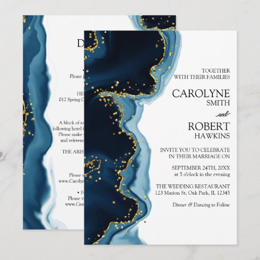 Navy Blue Gold Waterverf in één bruiloft Kaart (Voorkant / Achterkant)