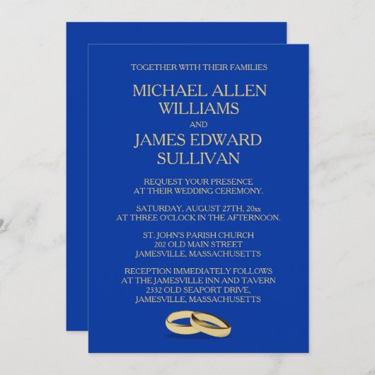 Navy Blue, Gold Wedding Invitations for Two Grooms (Devant / Derrière)