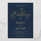 Navy Blue Gold Wedding Modern Typografiescript Folie Uitnodiging (Voorkant)