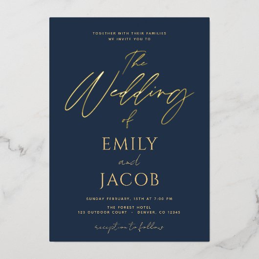 Navy Blue Gold Wedding Modern Typografiescript Folie Uitnodiging (Voorkant)