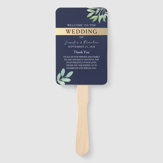 Navy Blue Gold Wedding Program Handwaaier (Voorkant)