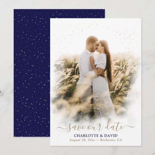 Navy Blue Gold Wedding Save Our Date Photo Card Save The Date (Voorkant / Achterkant)
