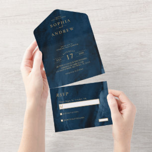Navy Blue & Gold Weduwing All-in-One uitnodiging