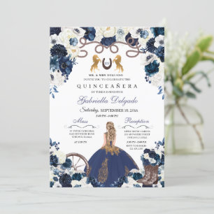 Navy Blue Gold Western Charra Ranchero Quinceanera Kaart