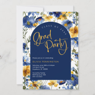 Navy Blue Gold Wildflower Afstudeerder Feestuitnod Kaart