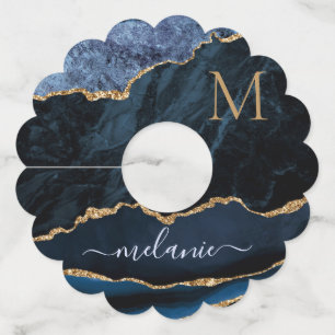 Navy Blue Gold Wine Glass Label Aangepaste Naam Le