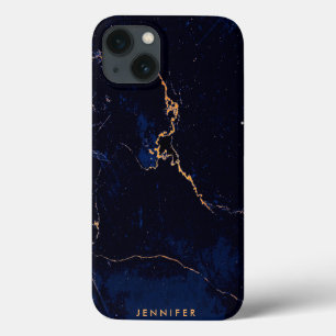 Navy Blue Golden Marble iPhone 13 Hoesje