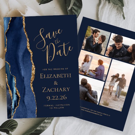 Navy Blue Goud Agaat 5-Foto Save The Date
