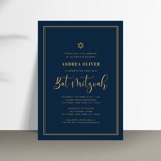 Navy Blue & Goud Dubbel Frame Script Bat Mitzvah Kaart