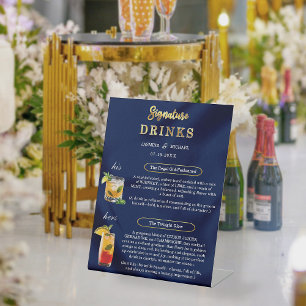 Navy Blue & Goud Eenvoudige Signature Trouwdranken Reclamebord Met Voetstuk
