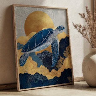 Navy Blue & Goud Zee Schildpad Kintsugi Onderwater Poster