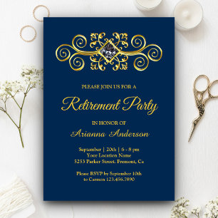 Navy Blue Gouden Bloemige Diamanten Pensioenfeest Kaart