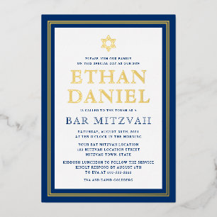 Navy blue gouden grensbar mitzvah Star van David Folie Uitnodiging