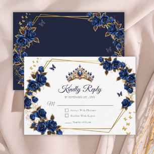 Navy Blue Gouden Rozen Tiara Quinceañera RSVP Kaartje