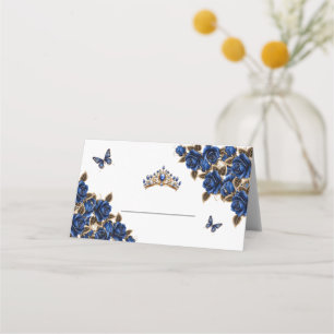 Navy Blue Gouden Rozen Vlinder Plaatskaart