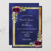 Navy blue goudfloral burgundy bruiloft kaart (Voorkant / Achterkant)