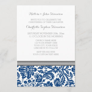 Navy Blue Gray Damask Christening Uitnodiging