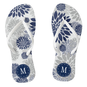 Navy Blue Gray Floral Monogram Teenslippers