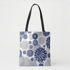 Navy Blue Gray Floral Monogram Tote Bag
